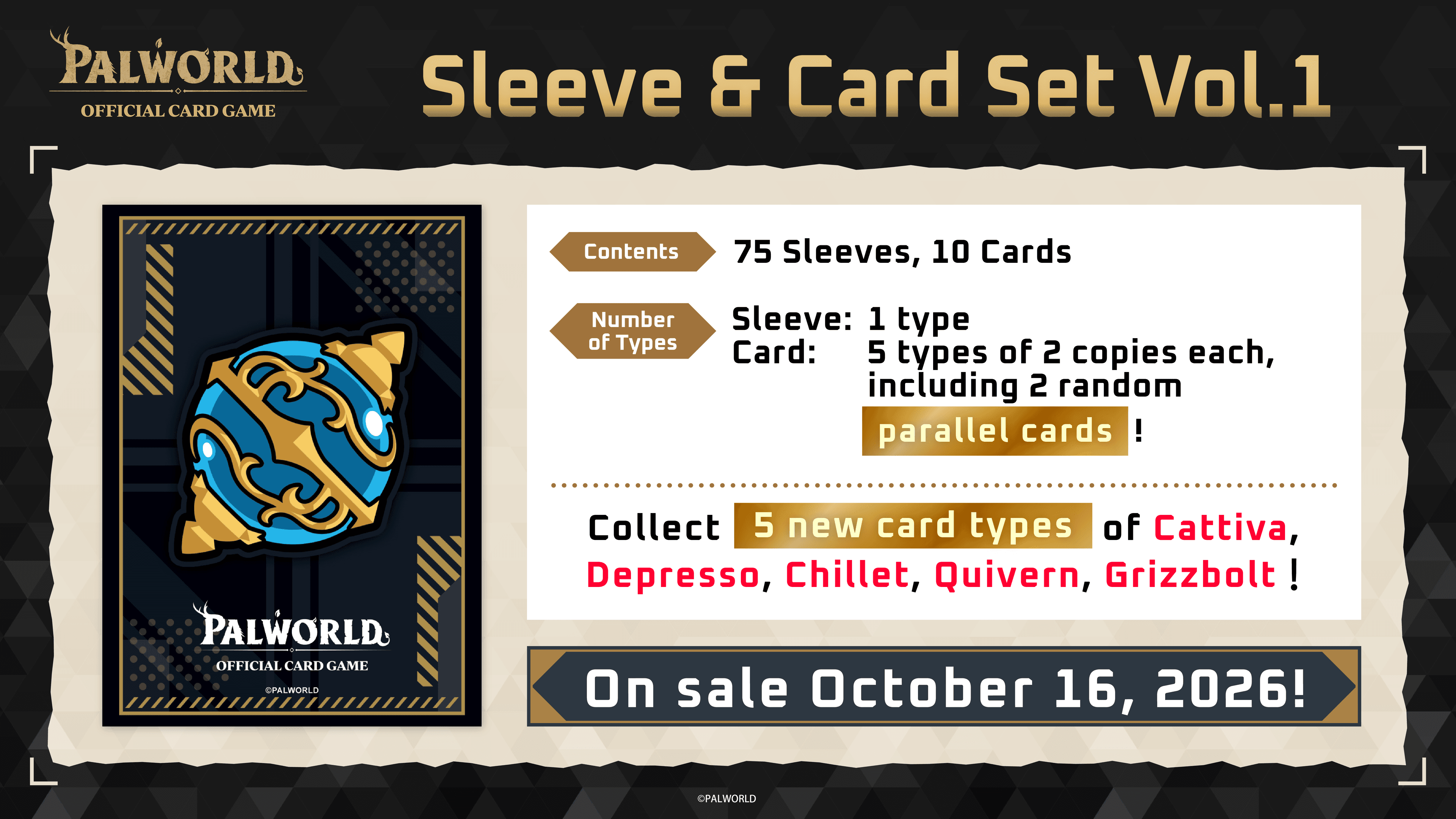 Sleeve & Card Set Vol.1 info banner: 75 sleeves, 10 cards, 5 types of 2 copies each including 2 random parallel cards, on sale October 16, 2026