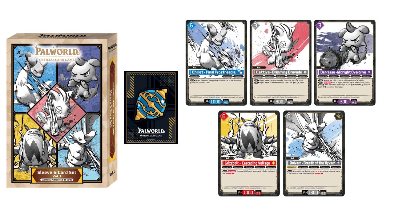 Sleeve & Card Set Vol.1 box, sleeve, and the five cards: Chillet, Cattiva, Depresso, Grizzbolt, Quivern